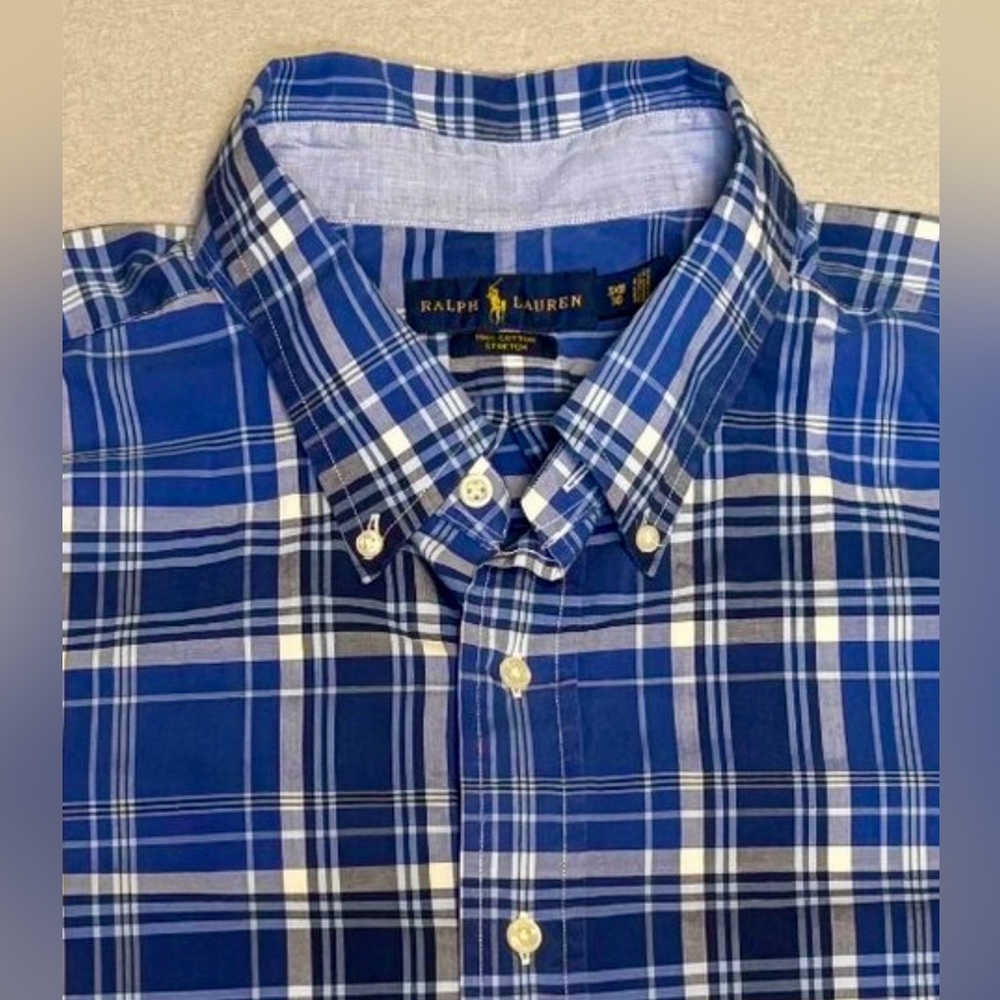Ralph Lauren Cotton/Stretch Blue Plaid Classic Fit Button Up Shirt 3XB Blue Pony